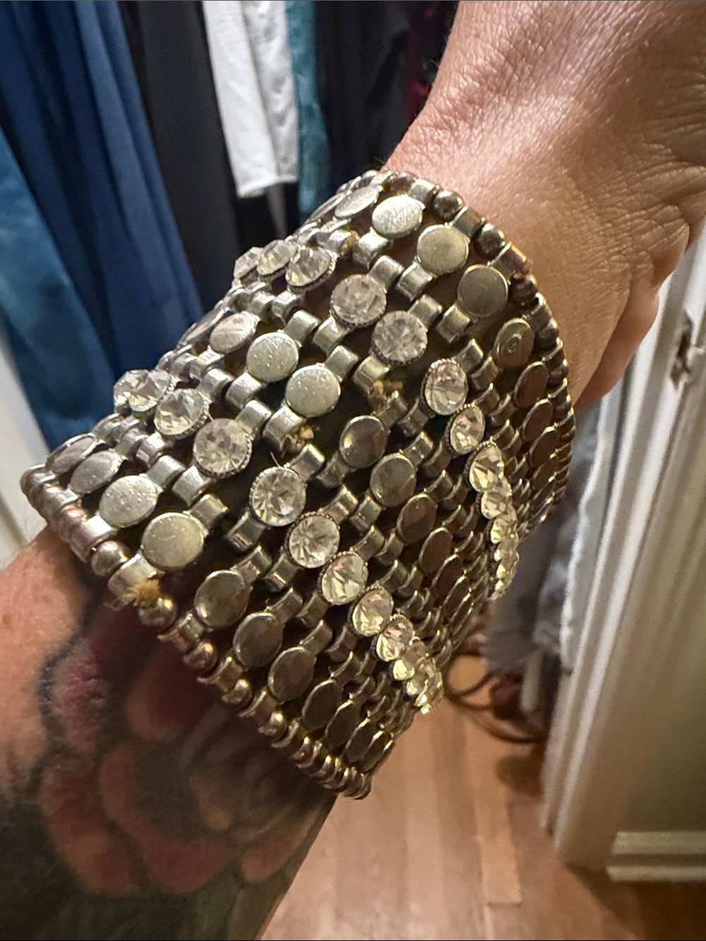 Y2K Wide Silver/Gold Rhinestone Stretch Bracelet